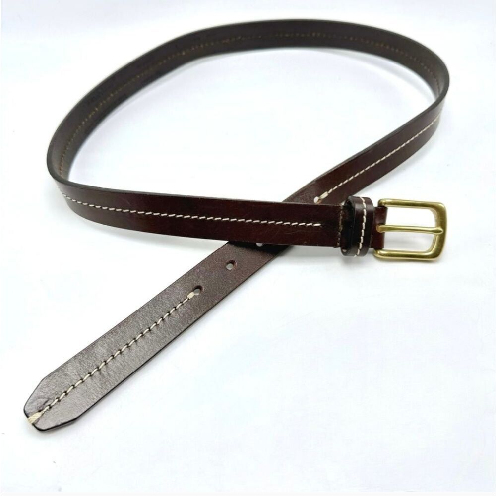Eddie Bauer Brown Italian Leather Belt  Solid Brass Buckle Center Stitch Italy